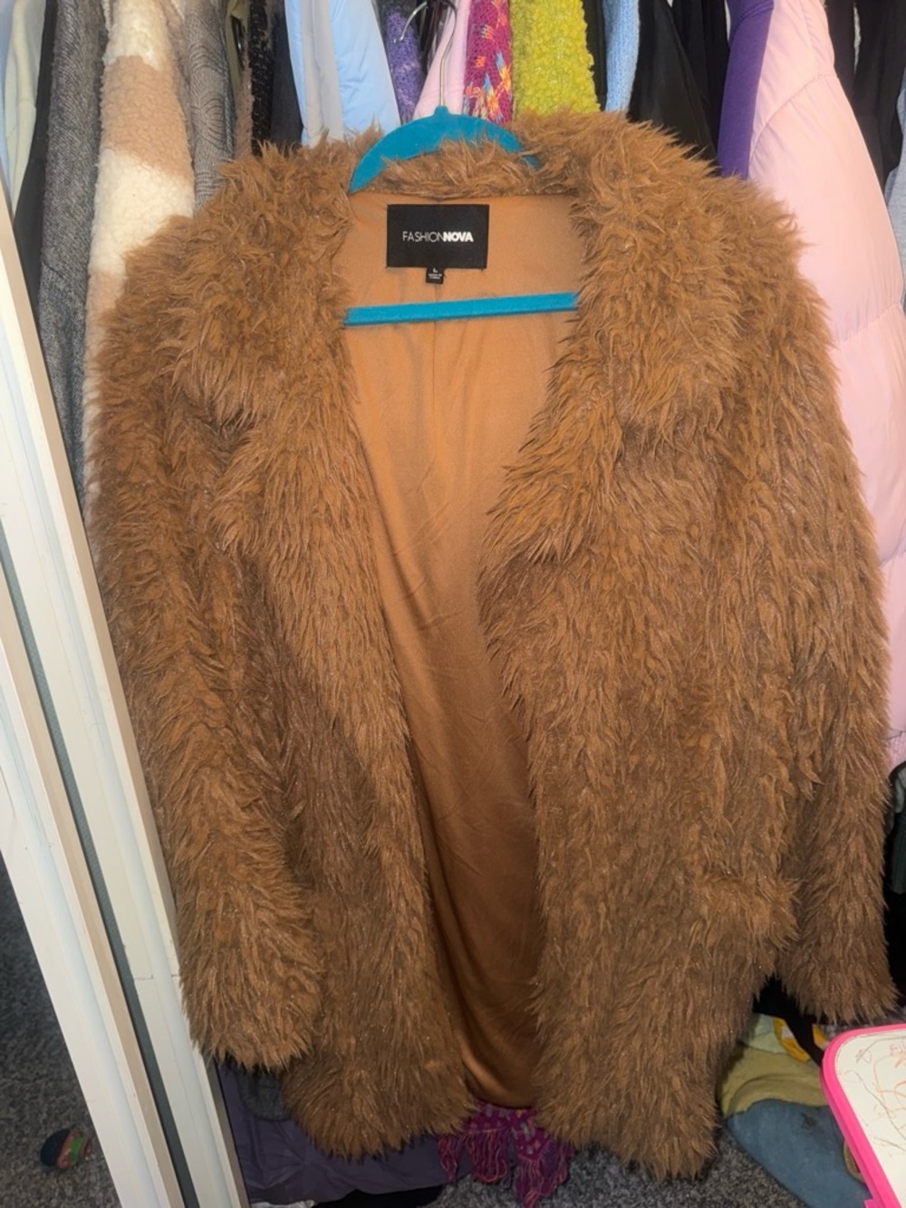 Fashion Nova Faux Fur Teddy Jacket in Camel Brown
